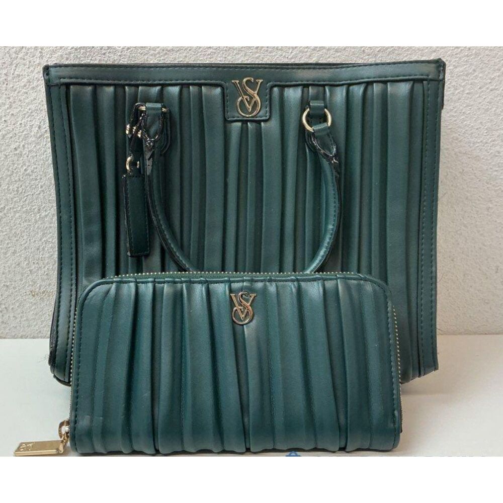 Victoria's Secret Satchel Bag & Matching Large Zip Wallet Set -Ivy Green Pleated